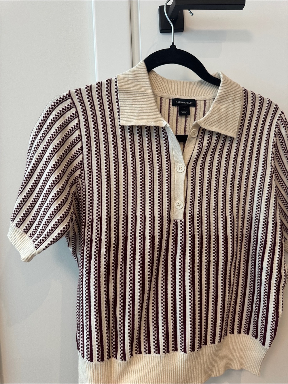Karen Millen Cream Knit Polo with Burgundy Stripes